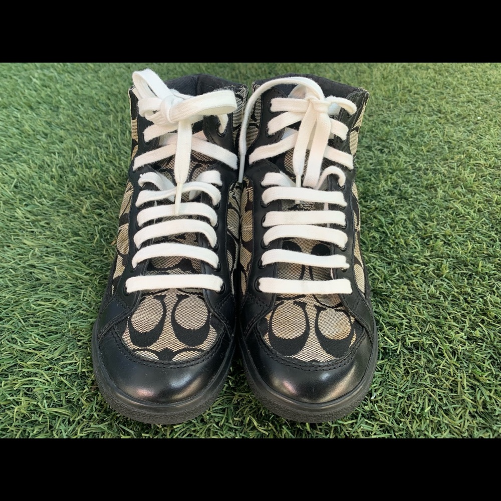 Coach High Top Shoes Brown All Over Logo Print Lace Up Women's Size 6.0 B